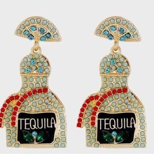 Tequila Bottle Earrings green rhinestones pierced ears dangle